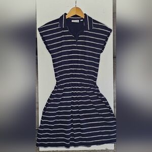 Women's Lacoste Blue White Striped Cap Sleeve Polo Dress Size Small